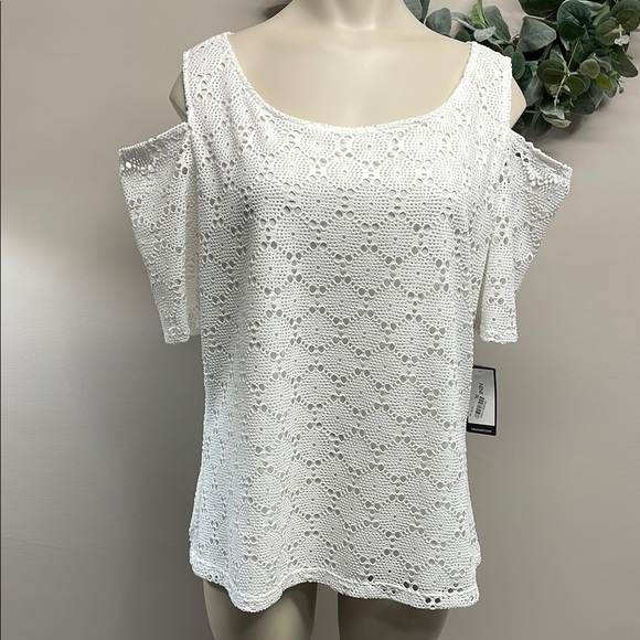 NWT Nine West Short Sleeve Cold Shoulder Crochet Lace Blouse L - Picture 1 of 15
